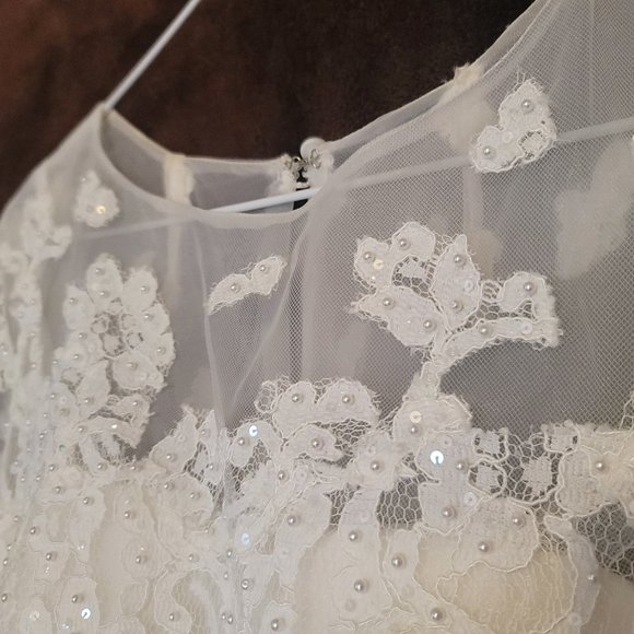 Oleg Cassini cap sleeve illusion wedding dress STYLE# CMK513 - Picture 6 of 11